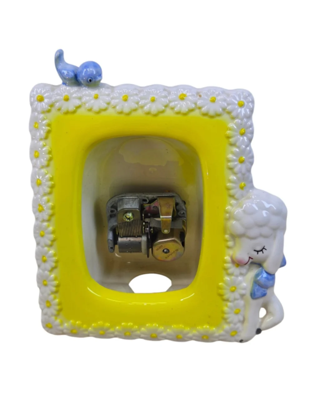 Vintage Ceramic Picture Frame Kitschy Lamb Sheep Daisy Japan Nursery 50's